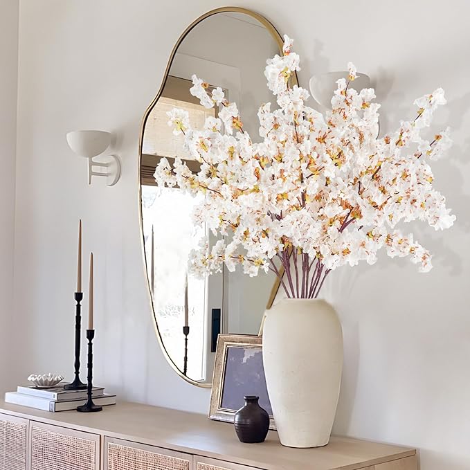 12 Pcs Artificial Cherry Blossom Flowers 40" Faux Silk Cherry Blossom Stems Fake Real Touch Peach Branches for Wedding Home Garden Japanese Decor Ivory White