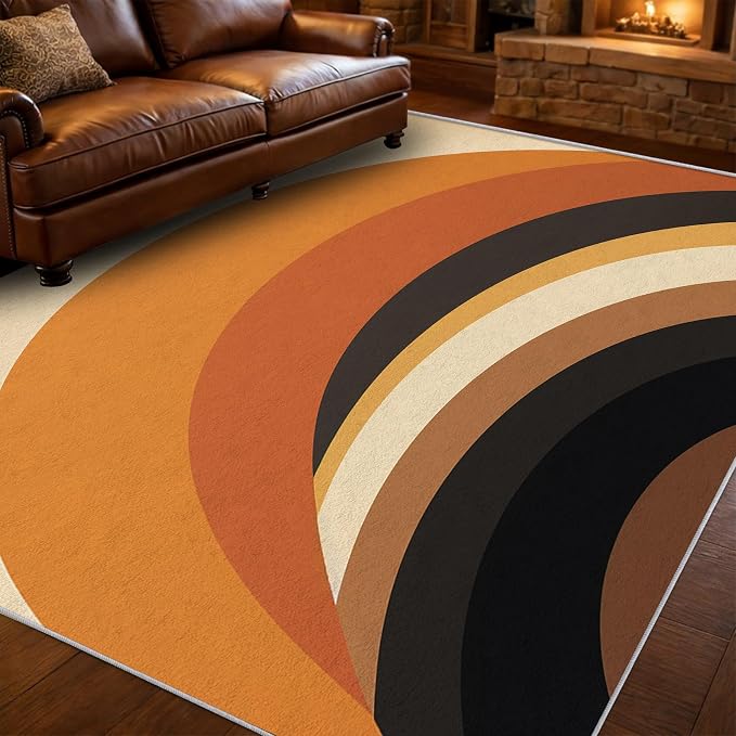 Mid Century Modern Area Rug 8x10, Washable Non-Slip Low Pile Retro Rainbow Rug for Living Room Bedroom Home Office, Abstract Boho Carpet in Terracotta Camel Cream and Black