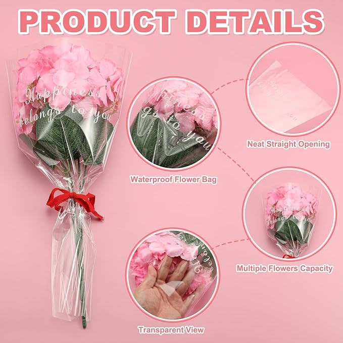 YELARXI Clear Flower Wrapping Bags, Transparent Flower Packaging Bag Waterproof Bouquet Sleeves with Letter - Fitting for (Florists/Floral Arrangements Supplies), 11x3.1x17.7 Inch & 50Pcs