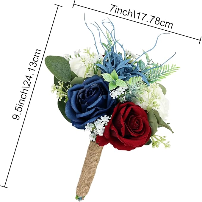 Set of 4 Bridesmaid Bouquets for Wedding - 7 Inch Artificial Flowers Bouquets for Ceremony Anniversary Centerpieces Decorations - Burgundy & Navy Blue & White