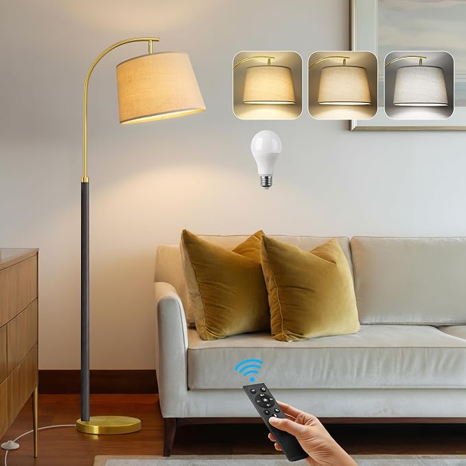 63" Wood Floor Lamp for Living Room Dimmable Standing Lamp with Remote & Foot Switch, 3 Color Temperatures Tall Lamp Mid Century Modern Floor Lamp for Bedroom Office, 9W Bulb Included, Wood Black