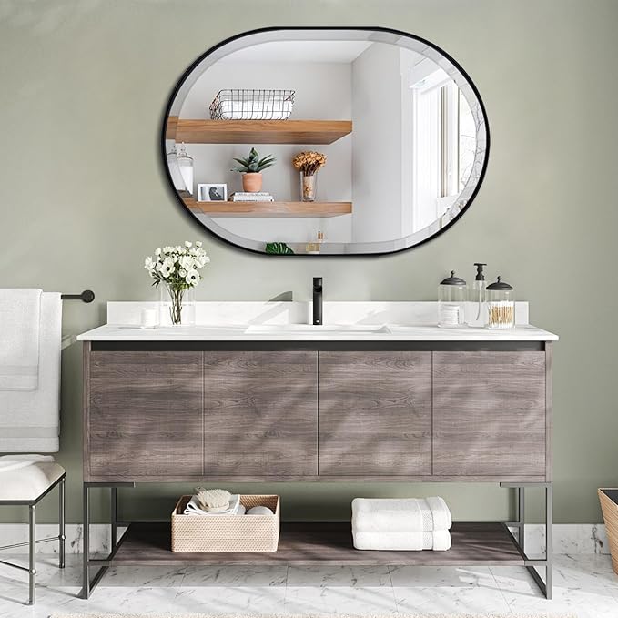 POZINO Oval Beveled Mirror, 24"x36" Bathroom Vanity Mirror Over Sink, Pill Shaped Capsule Wall Mounted Mirrors, Modern Oblong Mirrors for Living Room Bedroom Entryway, Hangs Vertically or Horizontally