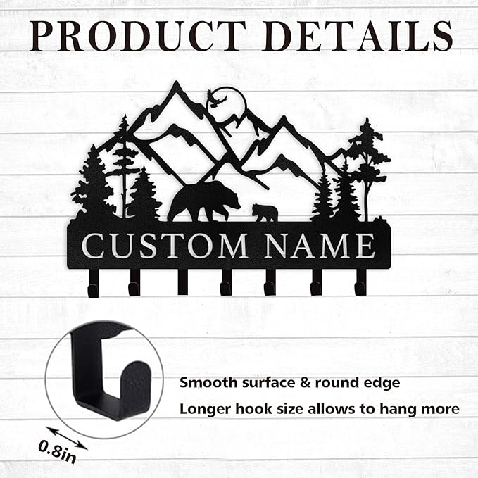Kotagi Personalized Key Holder for Wall - Custom Name Metal Black Bear Coat Hook Key Holder Wall Mount, Key Hooks on Wall, Key Rack Hanger Organizer for Entryway, Front Door, Hallway, Home Decor