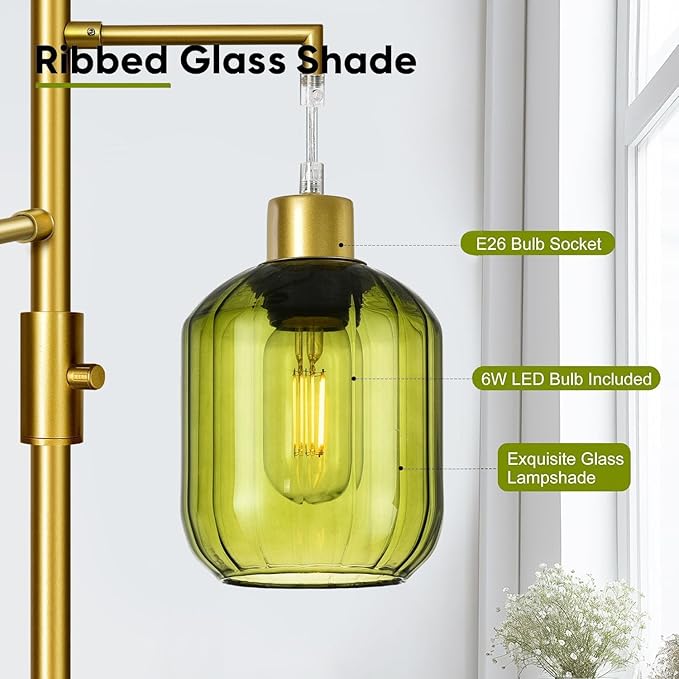 Glass Floor Lamps for Living Room, Modern Standing Lamps with Green Shade, Dimmable Green Tall Floor Lamp, Mid Century Gold 3 Lights Tall Tree Lamp with 3 LED Bulbs