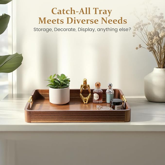 Acacia Wood Serving Tray with Metal Handles, 17x13in, Decorative Coffee Table Tray & Ottoman Tray, Anti-Slip Pads, Dark Wood Tray for Breakfast in Bed, Bar Tray, Gift Box
