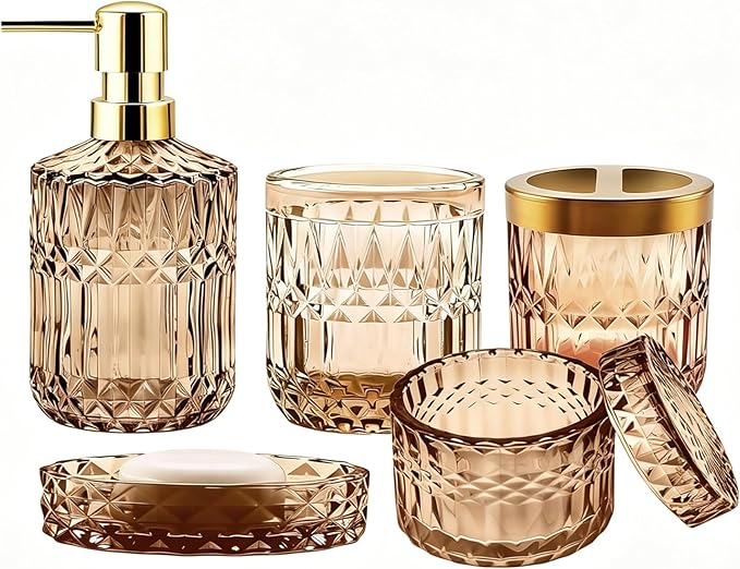 5Pcs Brown Bathroom Accessories Set, Glass Bathroom Accessories, Vintage Bathroom Countertop Decoration Includes Soap Dispenser, Toothbrush Holder, Qtip Holder,Soap Dish and Rinsing Cup
