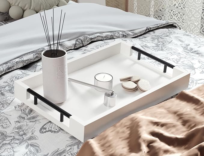 Fibogollo Bamboo Serving Tray with Metal Handles,15x10in Ottoman Decorative Trays Platter for Coffee Table,Living Room,Bar,Party,Mediuml(White)
