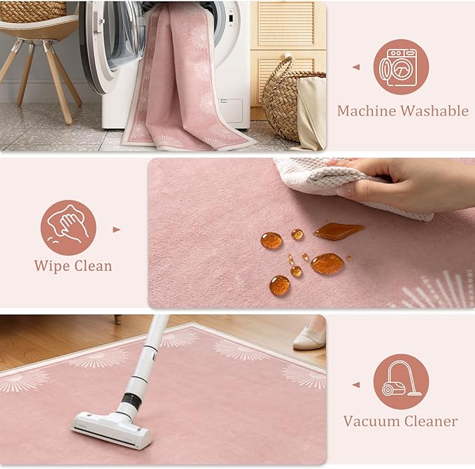 Hedlive Modern 3x5 Pink Rugs for Bedroom Girls,Ultra Thin Nursery Rug for Girls Room, Sun Printed Non Slip Washable Area Rug,Soft Non Shedding Throw Carpet for Playroom Classroom(3'x5',Pink)