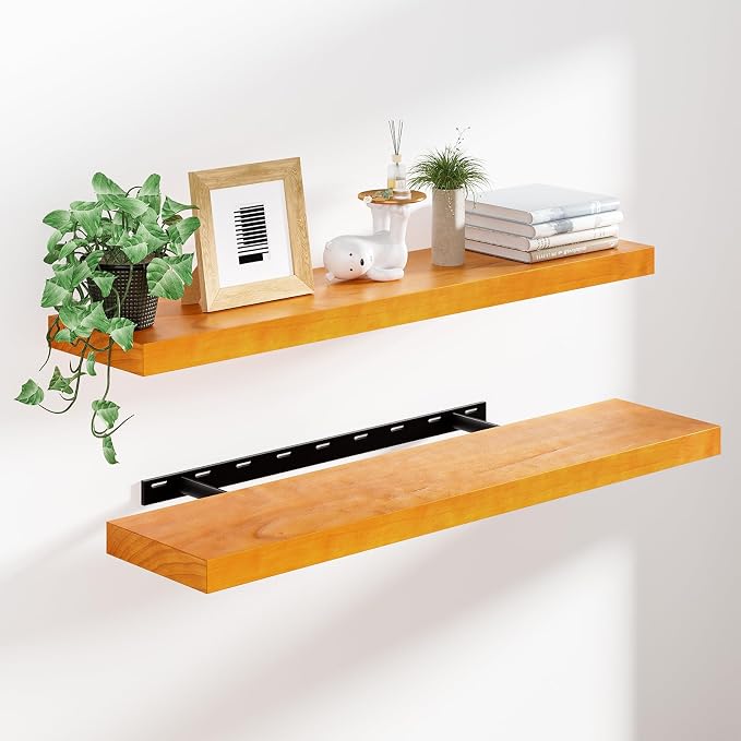 Heimlove Pine Wood Floating Shelves, 8 Inch Deep Real Wood Shelves Set of 2, Wall Mounted Rustic Wood 36x8 Floating Shelf with Invisible Brackets for Bedroom Kitchen Living Room - Honey Oak