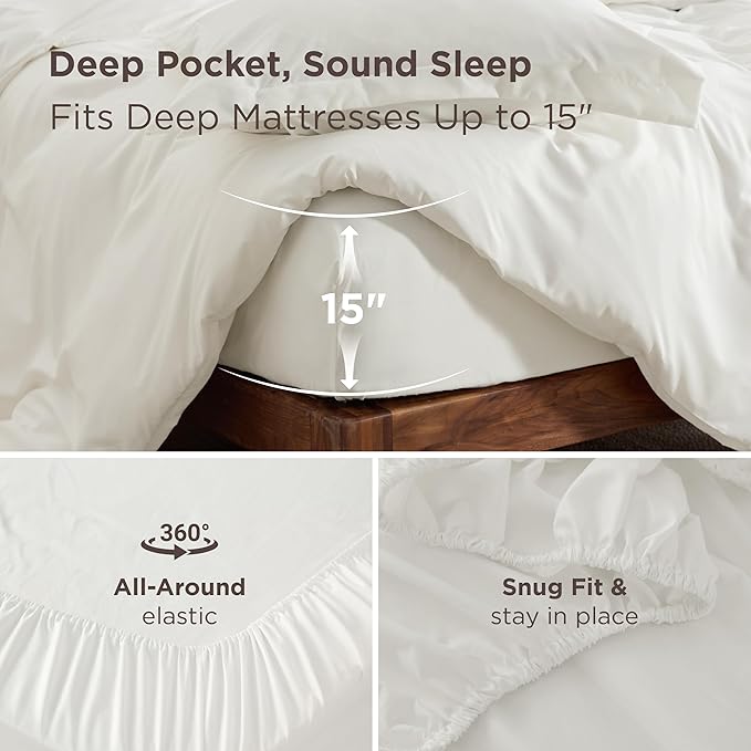 Bedsure Duvet Cover with Fitted Sheet King - Deep Pocket, Hotel Luxury Soft Double Brushed Bedding Set with Zipper Closure, 1 Duvet Cover, 1 Fitted Sheet, 2 Pillow Shams, NO Comforter, Ivory White