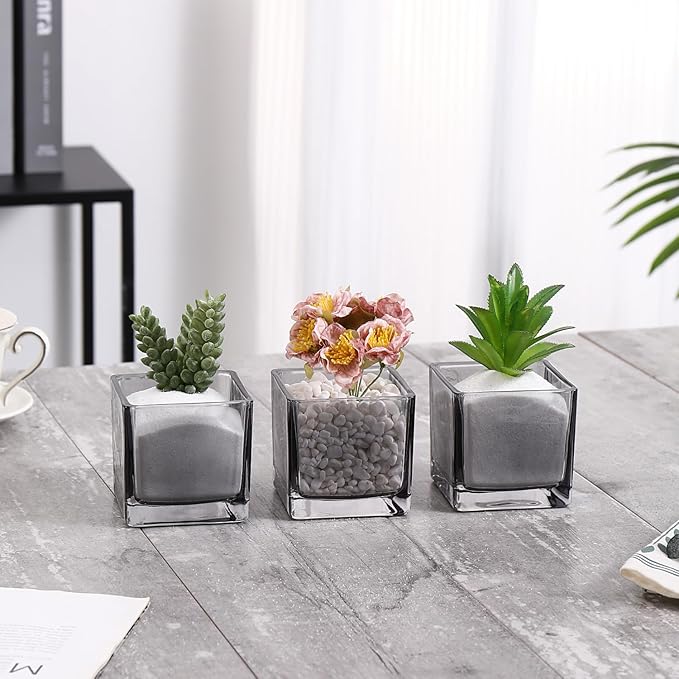 Square Flower Vases Set of 9, 3"x 3"x 3" Glass Vases for Centerpieces, Grey Vase for Flowers, Small Vase for Wedding, Party, Home Office Decoration