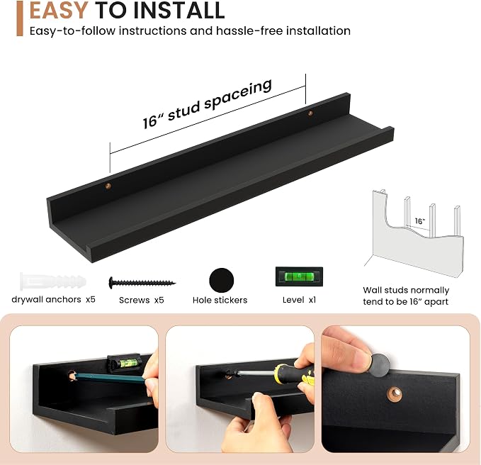 Dreamland Picture Ledge Shelf for Wall, Floating Shelves Set of 2, 24 Inch Long Floating Shelves with Lip for Living Room, Bedroom, Bathroom, Kitchen, Black