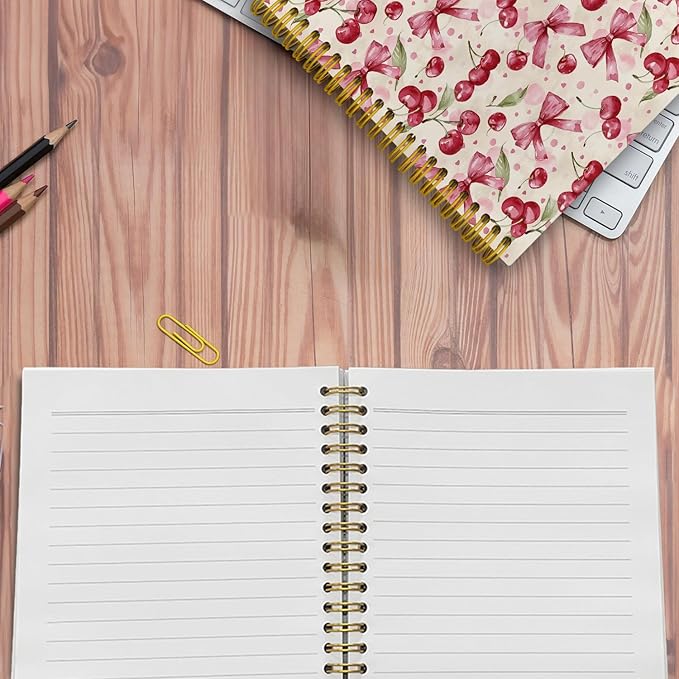 JKMBN Coquette Pink Bow Cherry Spiral Notebook for Women Girls, Vintage Journaling Notebooks, Cute Pink Notebook Journal, Pink Office Supplies, Hardcover Spiral Lined Notebook 5.5 x 8.3