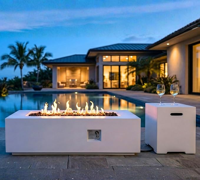HillAethel 60-Inch Outdoor Gas Propane Fire Pit Table with Propane Tank Cover,Set-2-Piece,60,000 BTU Concrete Fire Pit with Free Rain Cover, Tank Seat, Lava Rocks, for Outside Patio Backyard,White