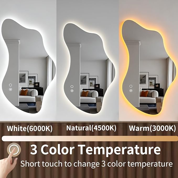 43.3″ Asymmetrical Bathroom Mirror with Lights, LED Irregular Wall Mirror, Abstract Modern Lighted Vanity Mirror for Wall, Anti-Fog, Dimmable, Horizontal/Vertical