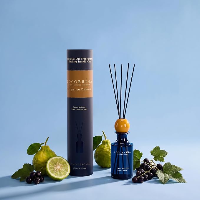COCORRÍNA Lemon Escape Reed Diffuser 8.5 oz, Home Fragrance Oil Diffuser with 6 Reed Sticks, Long-Lasting Scent for Bathroom, Bedroom & Home Décor