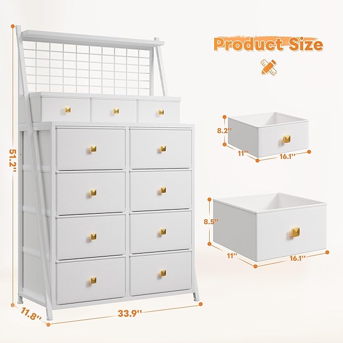 51" H Dresser for Bedroom with LED, 11 Drawer Dresser with Wire Grid Panels & Open Shelves for Entryway, Dorm, White+Gold, 11.8" D x 33.9" W x 51.2" H