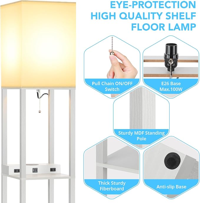 Mlambert Modern Shelf Floor Lamp with Wireless Charger & Fast Charging USB Ports & Type C Port & 2 Power Outlets,3 Tier Storage Lamp for Bedroom,Grey