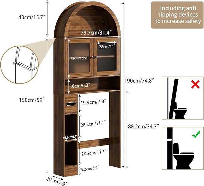 Arched Over The Toilet Storage Cabinet with Glass Doors, Above Toilet Bathroom Organizer, 4 Tier Bathroom Cabinet Shelves with Toilet Paper Holder, Mid Century Modern Storage Rack, Tall, Wide, Walnut