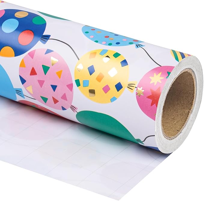 WRAPAHOLIC Birthday Wrapping Paper Roll - Mini Roll - 17 Inch x 16.5 Feet - Gold Foil Colorful Balloon Design Perfect for Birthday, Holiday, Party, Baby Shower
