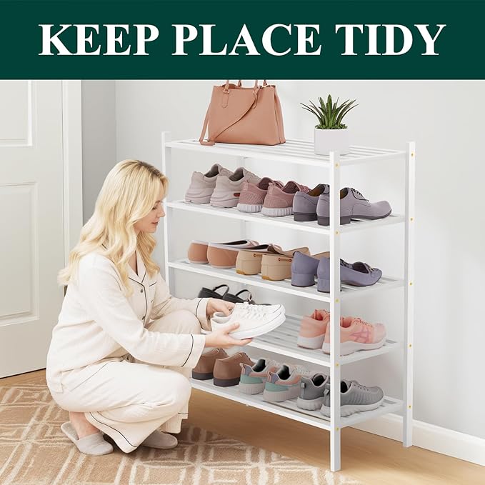 Smiry Bamboo Shoe Rack 5-Tier, Stackable Wooden Shoe Organizer for Entryway & Closet, Free Standing Wood Shoe Storage Shelf for Front Door & Small Spaces, White