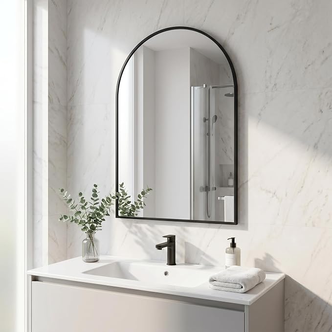 BEAUTYPEAK 20"x28" Arch Bathroom Mirror, Wall Mounted Vanity Metal Frame Mirror for Bedroom, Entryway, Living Room, Black