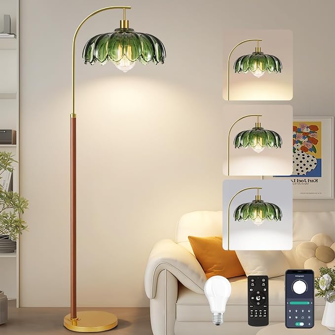 Wood Floor Lamps for Living Room,Gold Floor Lamp with Remote Control & Glass Lampshade,Arc Flower Lamp Dimmable Mid Century Modern Standing Lamp Vintage Farmhouse Tall Floor Lamp For Bedroom Corner