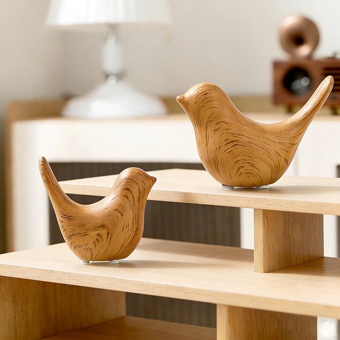 Boho Bird Statue, Vintage Bird Figurine Sculpture for Home Decor, Shelf Decor, Living Room, Bedroom, Office, Decorative Bird Gift for Women - Wood-Look Pair