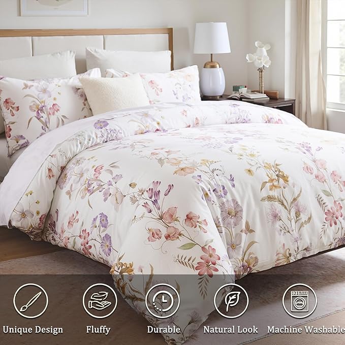 100% Cotton Duvet Cover Queen Size – Pastel Lavender Print Vintage Bedding Set with Zipper Closure, 3 Pieces Luxury & Silky Soft Comforter Cover for All Seasons