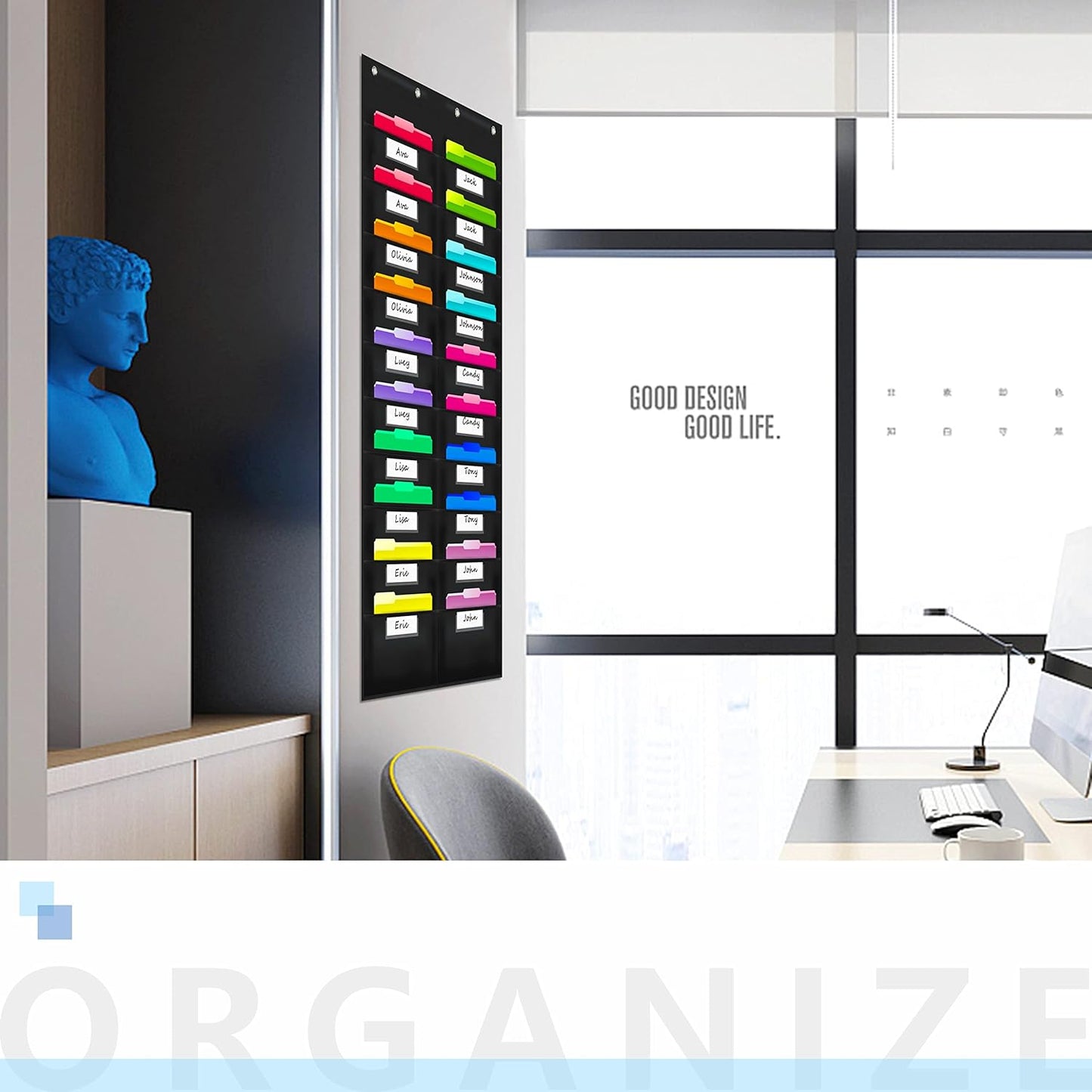 Vantasii Nylon Storage Pocket Chart - 20 Name Tag Pockets & 4 Hooks | Organize Assignments & Files (28.5”x 47”)