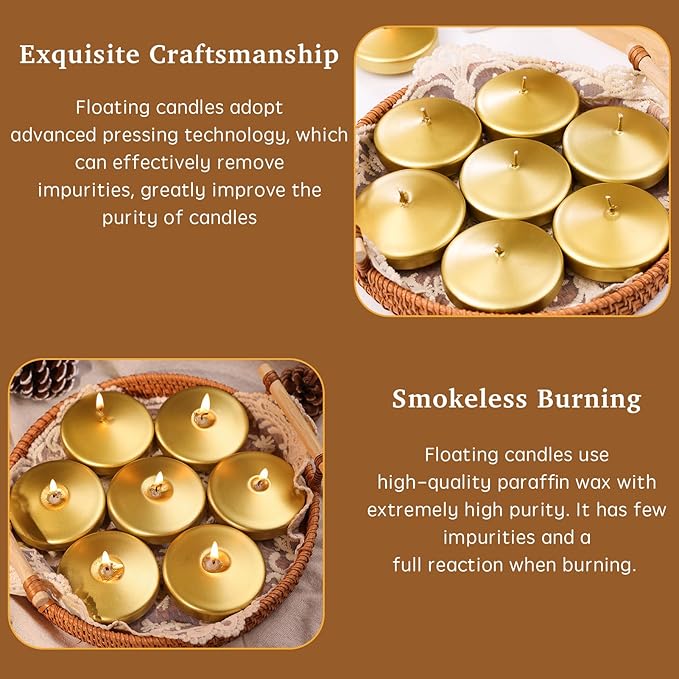 3 inch Floating Candles 36 Packs Gold Floating Candle for Centerpieces 8-9 Hours Floating Candles 3” Water Candles for Cylinder Vases, Pool, Wedding, Christmas