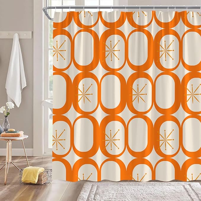 Mid Century Modern Extra Long Shower Curtain Abstract Atomic Geometric Round Squares Retro 50s Orange Fabic with Hooks for Bathroom Decor,70x78 Inch