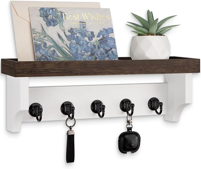 Lucundm Key and Mail Holder Wall Mount, Key Holder with Shelf and Mail Organizer Wall Mount. Mail Holder with 5 Hooks for Coat, Dog Leash, Home Decor Rack, Entry Way Organizer (Brown & White)