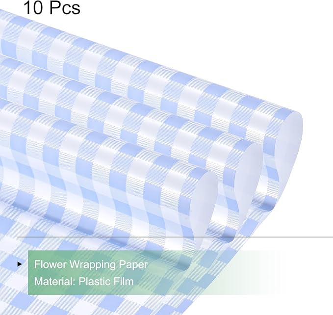 MECCANIXITY Flower Wrapping Paper Waterproof Floral Wrap Plaid Lake Blue Gift Packaging 22.8 x 22.8 Inch Used for DIY Crafts Bouquet Packaging 10 Pcs