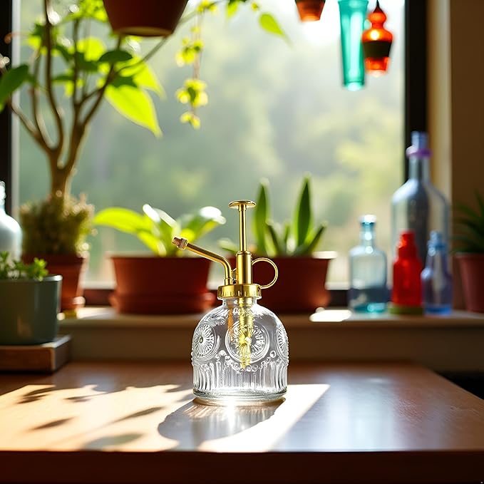 Glass Plant Mister Spray Bottle, 230ML Vintage Plant Spritzer, Succulent Watering Bottle Glass with Top Pump, Small Plants Sprayer Watering Can for Indoor Outdoor House(Clear)
