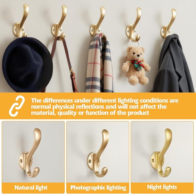10 Pack Coat Hooks Wall Mount Heavy Duty Utility Retro Double Hooks for Hanging Coats,Hat, Towel, Key, Robe, Scarf, Bag, Cap (Gold)