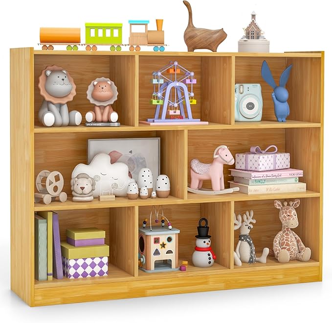 KOTEK Toy Storage Organizer, 8 Cubby Kids Bookshelf, Wooden 4-Tier Bookcase Storage Cabinet, Open Display Book Shelf for Daycare, Nursery, School Classroom, Living Room & Bedroom (Burlywood, 8 Cubes)