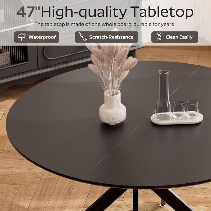 RGZ Mid Century Black Round Dining Table Set for 4, 47" Large Wooden Circle Kitchen Table & 4 Black PU Leather Kitchen Chairs, Dinner Table Set for Home, Apartment, Dining Room