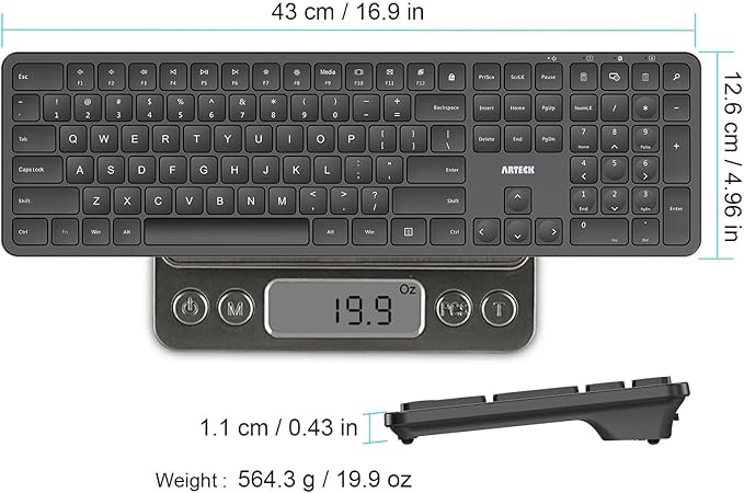 Arteck 2.4G USB Wireless Keyboard Ultra Slim Full Size Keyboard with Numeric Keypad and Media Hotkey for Computer/Desktop/PC/Laptop/Surface/Smart TV and Windows 11/10