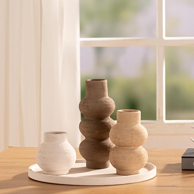 Ceramic Vase Home Table Decor - Flower Vase Set of 3 Living Room Kitchen Decorations Farmhouse Modern Rustic Vases Decorative Centerpiece for Shelf Bedroom Office Bathroom Dining Coffee Desk
