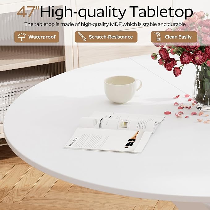 RGZ Mid Century White Round Dining Table Set for 4, 47" Large Wooden Circle Kitchen Table & 4 Black PU Leather Kitchen Chairs, Dinner Table Set for Home, Apartment, Dining Room