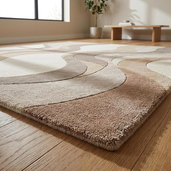 Geometric Multicolor Hand Tufted Wool Area Rug Modern Style Curve Pattern Warm Backing Floor Rug for Bedrooms Lounge Entryways & Gallary 5x5 Feet