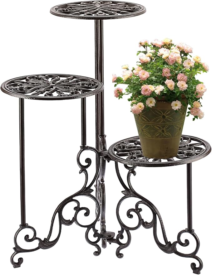 OwnMy 3 Tier Heavy Duty Cast Iron Plant Stand Foldable Wrought Iron Flower Pot Holder, Indoor Outdoor Tall Plant Stand Shelf for Garden Patio, Decorative Round Metal Plant Display Rack, Retro Brown