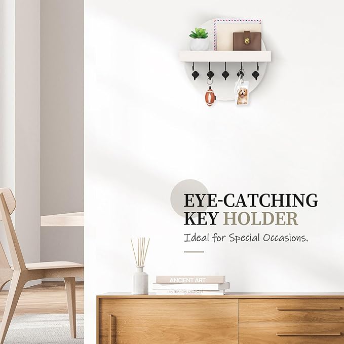 Nekon Key Holder Wall Mount, Key and Mail Organizer for Wall, 9.8 Inch Round Wooden Rustic Wall Organizer for Entryway, Hallway, Kitchen, Office (White)