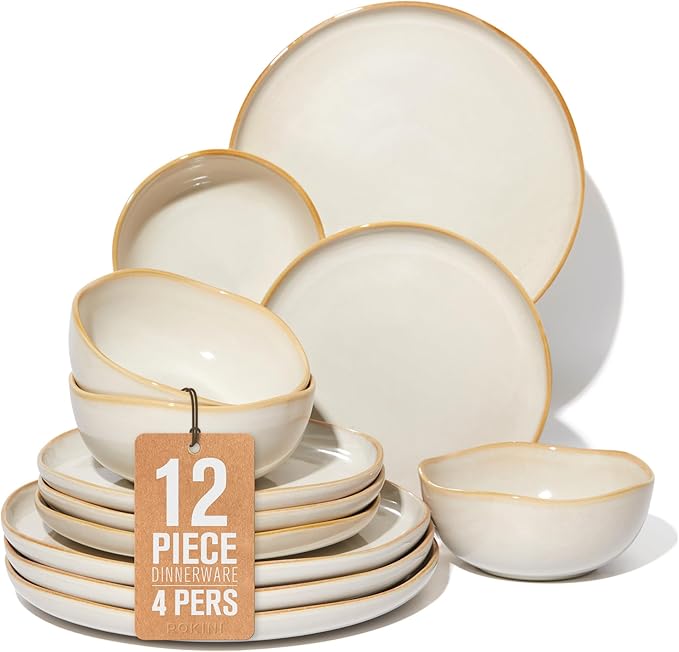 Pokini Ceramic Plates and Bowls Set, Everyday Dinnerware Set for 4, Wavy Rim Kitchen Dish Set, Chip Resistant Dishware Sets, Dishwasher Safe Dinner Set, Designed for Simple Meals, Yellow White