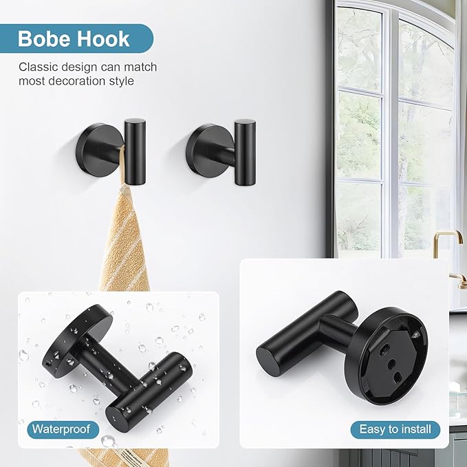 TQKAG Matte Black Bathroom Hardware Accessories Set 10-Pieces, Premium SUS304 Stainless Steel Bathroom Towel Bar Holder Set 23.6 Inch Round Towel Racks for Bathroom Wall Mounted