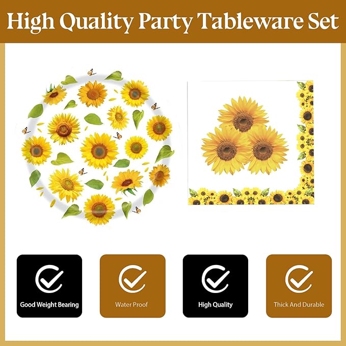 72 Pcs Sunflower Paper Plates and Napkins Party Supplies , Floral Birthday Party Decorations Disposable Party Plates and Napkins Tableware Set for Summer Fall Wedding Baby Shower Serves 24 (Sunflower)