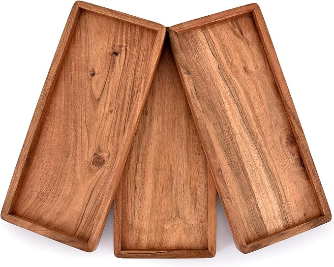 NIRMAN Acacia Wood Rectangular Wooden Platters for Home Decor, Food, Vegetables, Fruit, Charcuterie, Appetizer Serving Tray (13" x 5.5" x 0.75") (Set of 3)
