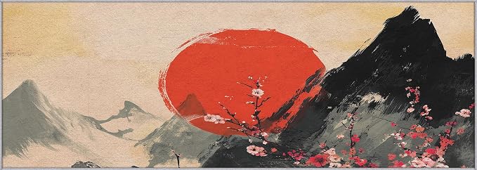Japanese Runner Rug 4x11, Red Sun Cherry Blossom Mountain Landscape Design, Traditional Asian Art Area Rug, Washable Non-Slip Floor Carpet Runner for Bedroom, Dining Room, Living Room Aisle