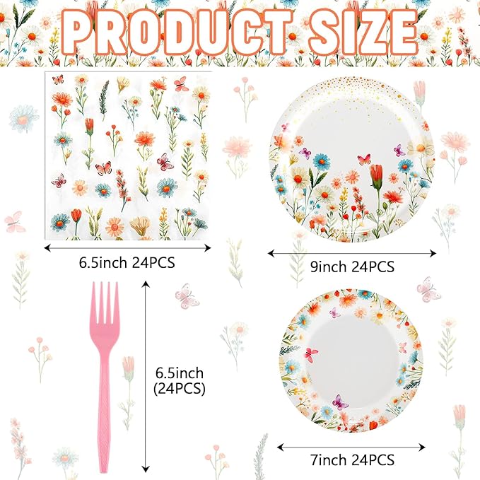 96 PCS Spring Wildflower Party Tableware Supplies, Disposable Floral Paper Plates Napkins Set for Picnic Baby Shower Birthday Wedding Thanksgiving Christmas Tea Party Decor Suppies, 24 Guests
